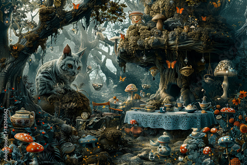 xperiment with color and texture to depict a whimsical scene of a tea party in a magical forest, with fantastical creatures and surreal elements adding to the enchanting atmosphere