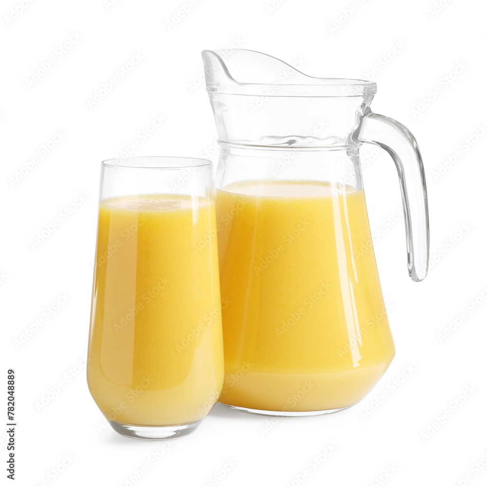 Refreshing orange juice in glass and jug isolated on white Refreshing orange juice in glass and jug isolated on white