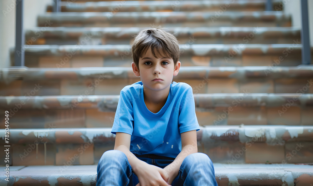 Depressed boy sitting alone at stairs, Generative AI Depressed boy sitting alone at stairs, Generative AI