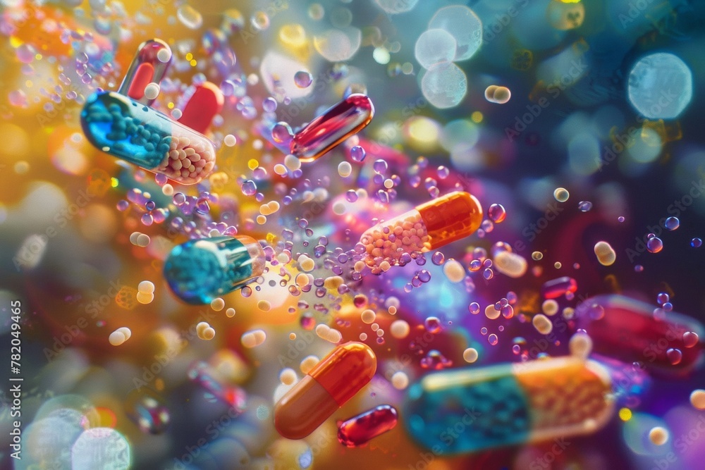 Probiotic Supplementation With capsules that burst to release colorful bacteria. Against the backdrop of bright health and vitality Probiotic Supplementation With capsules that burst to release colorful bacteria. Against the backdrop of bright health and vitality