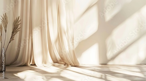 Empty white wall with geometric sun light ray pattern, beige linen curtain, warm neutral interior design background 