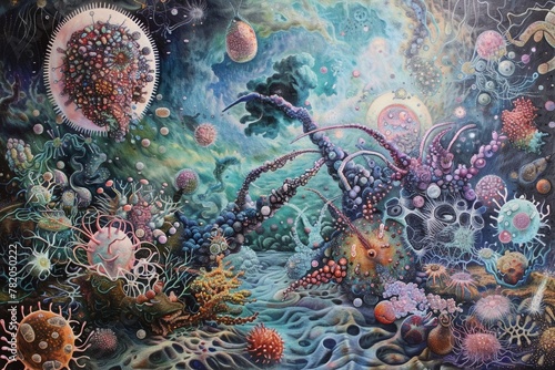 Vision of Probiotic Symbiosis It involves beneficial bacteria and host cells joining together in a delicate dance of mutual partnership. Amid a landscape of interconnected life forms