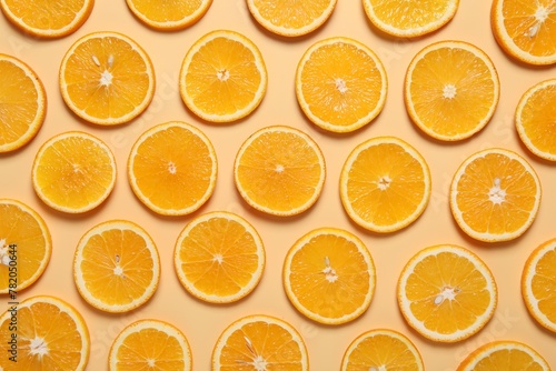 Slices of juicy orange on beige background  flat lay