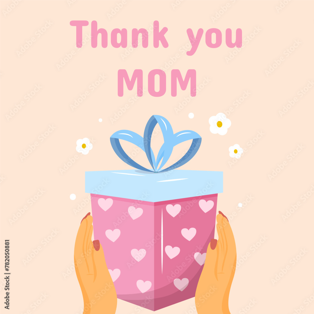 Vector happy mother's day greeting card template. Spring holiday poster thank you mom, gift box with hands, flowers on pastel background. Square backdrop invitation, flyer, brochure for event.