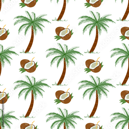 Cute hand drawn palm tree and coconut seamless pattern. Flat vector illustration isolated on white background. Doodle drawing.