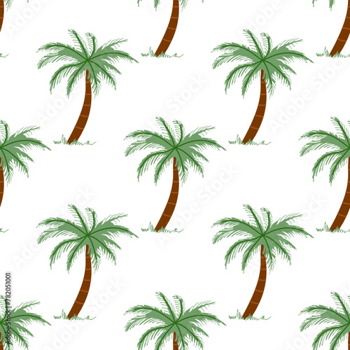 Cute hand drawn palm tree seamless pattern. Flat vector illustration isolated on white background. Doodle drawing.