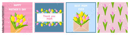Vector happy mother's day flower greeting card template set. Spring holiday posters, envelope with tulips flowers on pink, blue backgrounds. Square backdrop invitation, flyer, brochure for event.