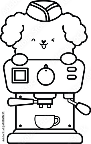 a vector of a cute poodle with a coffee machine © Inkley