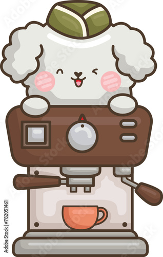 a vector of a cute white poodle with a coffee machine © Inkley