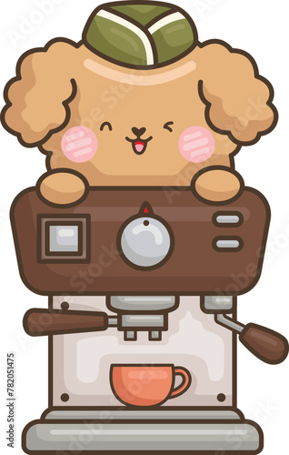 a vector of a cute brown poodle with a coffee machine © Inkley