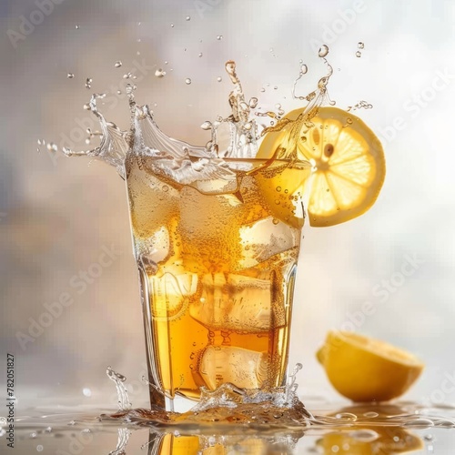 Refreshing lemon tea Splash in Glass with Ice, Freshness ready to drink. For the menu in the cafe . 