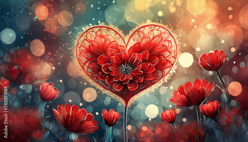 illustration d'une fleur rouge dans un coeur sur un fond avec des fleurs rouge et des ronds en effet bokeh de couleur or