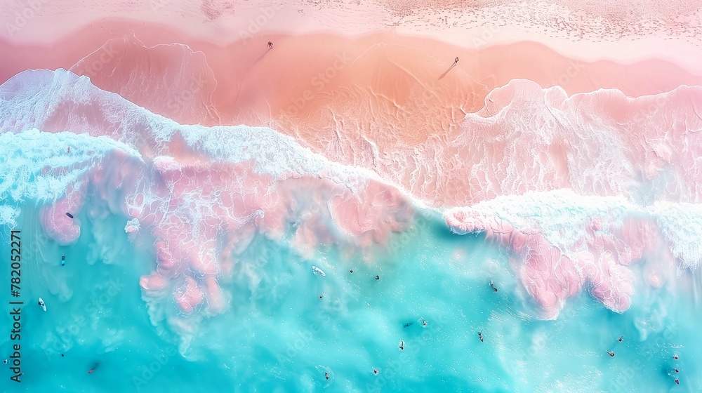 Fototapeta premium Dreamy pastel beach, aerial view of serene pink sand and turquoise ocean waves, tranquil coastal landscape, perfect for travel and relaxation themes.