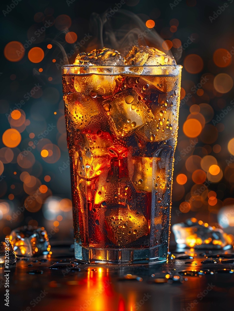 Big cup of soda with ice on black glass table reflections Big cup of soda with ice on black glass table reflections
