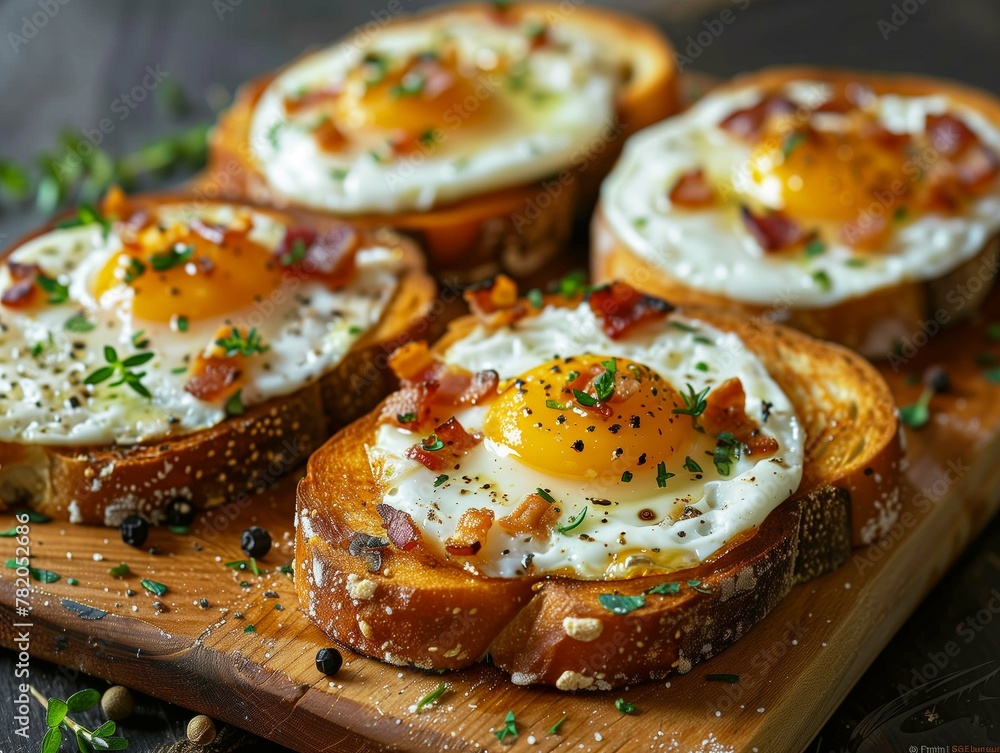Buttered grilled thick rolled brioche toasts, soft eggs, and crispy bacon.
