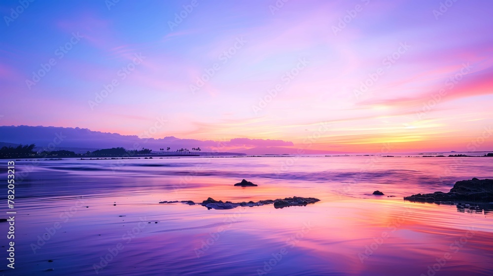 Beach at sunset with pink and purple clouds over the water