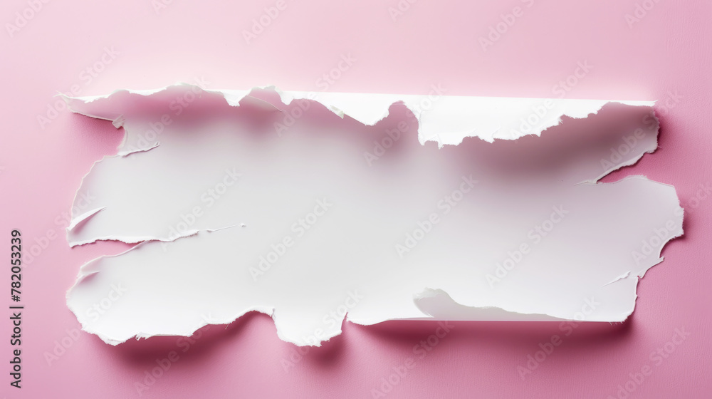 Aesthetically torn white paper on pastel pink backdrop. Announcement concept. Elegant background. Generative AI