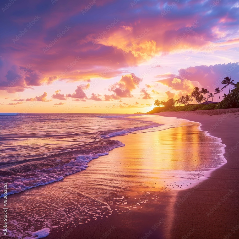 Beach at sunset with pink and purple clouds over water