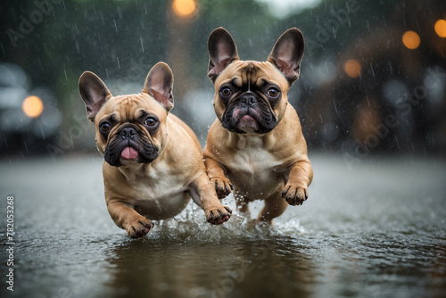 Two French bulldogs running down the street in the rain