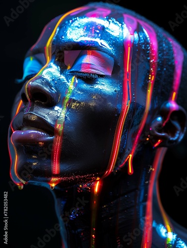 Abstract neon paint dripping on a dark metallic human face, vibrant colorful liquid art, expressive artistic portrait, glossy iridescent skin texture, creative contemporary design element