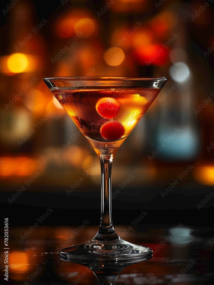 Martini cocktail on black glass table, reflections, warm light, bokeh effect background