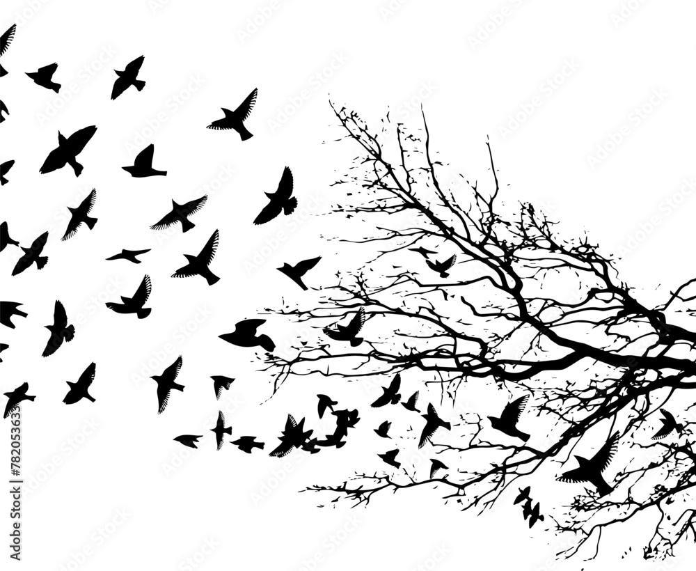 Obraz premium Tree and flying birds in the sky. hand drawing. Not AI, Vector illustration