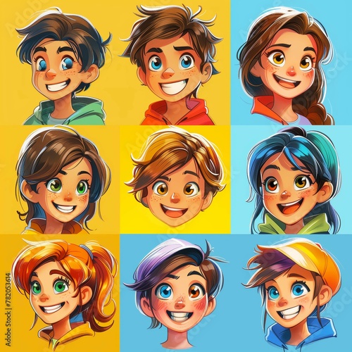 List of cartoon expressions on solid color background
