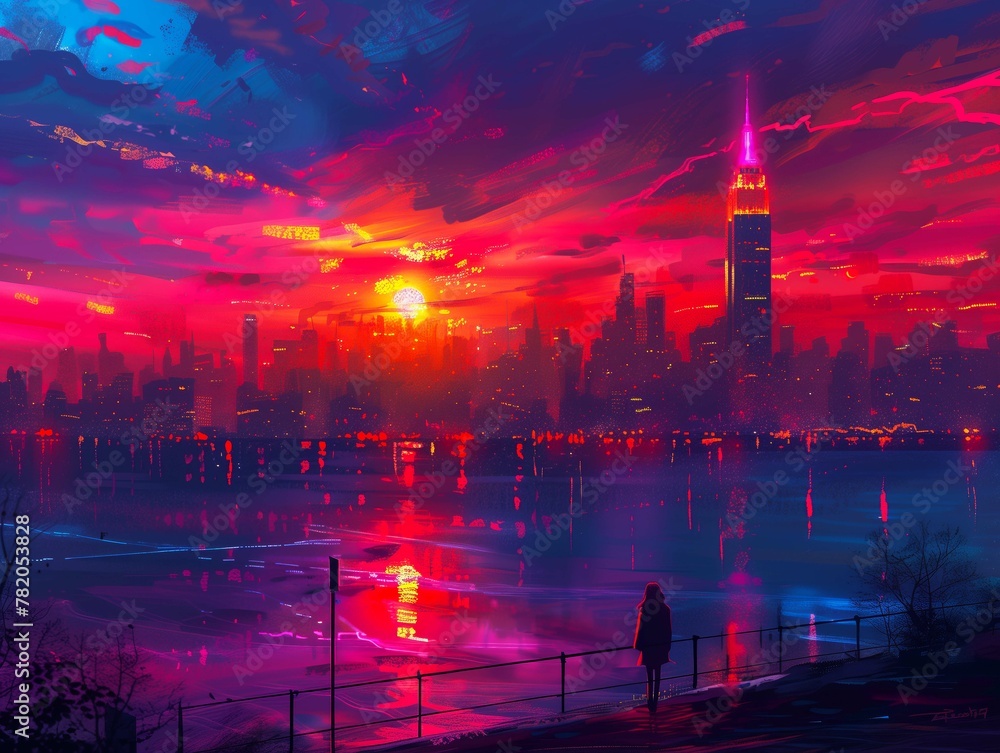 Fototapeta premium Abstract artwork of NYC cityscape, city lights, high speed digital painting