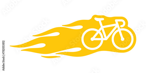 Vector black silhouette of flying yellow bicycle symbol with flames. Isolated on white background.