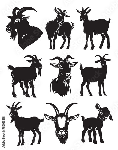 Collection of goat silhouettes on white background