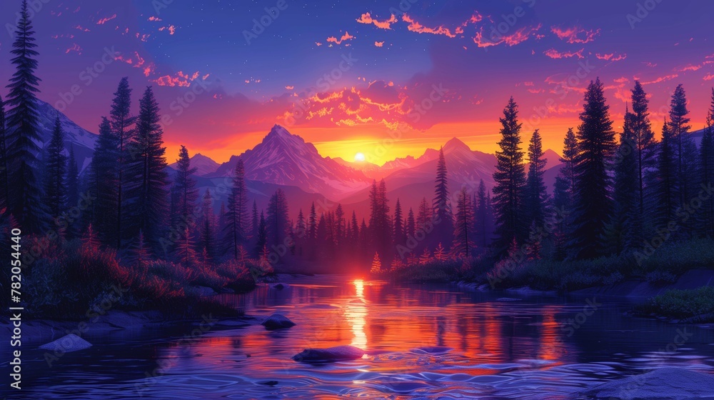 Stylized art of forest landscape at sunset, with tall trees and mountains in the background.