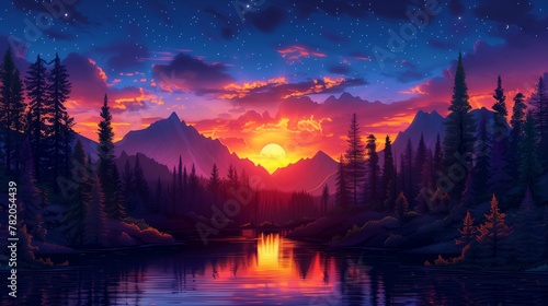 Stylized art of forest landscape at sunset, with tall trees and mountains in the background.