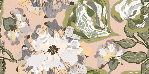 Mosaic stylized blooming flowers and leaves in Japanese style vector seamless pattern spring motifs ornament. Light and airy, feminine delicate pattern