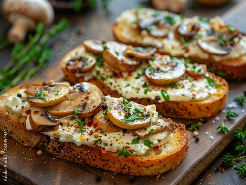 Slices of bruschetta toast with cheese, oyster mushrooms, and fresh herbs on a dark wooden table, top view, moody lighting