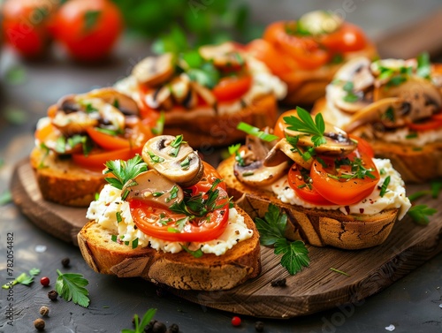 Slices of bruschetta toast with cheese, oyster mushrooms, and fresh herbs on a dark wooden table, top view, moody lighting