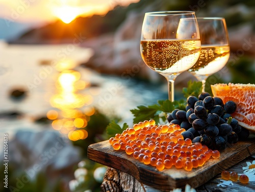 White wine, caviar, sea background 