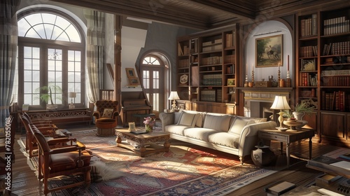 Classic living room in brown tones with paintings and books.
 photo