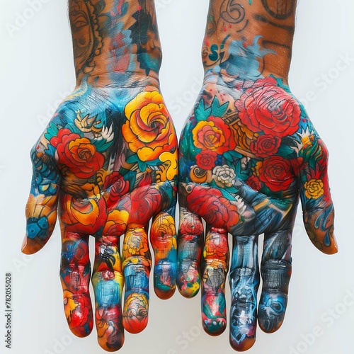 Two hands are shown with graffiti designs against a white background
