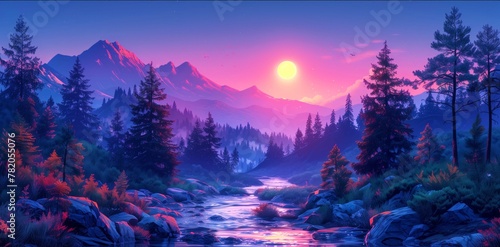 A beautiful sunset, forest landscape at night, with tall trees, and a river flowing through it.  © ARTenyo
