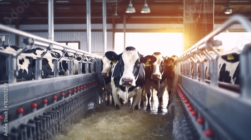 Cows in milking facility. Cows in dairy farm. photo