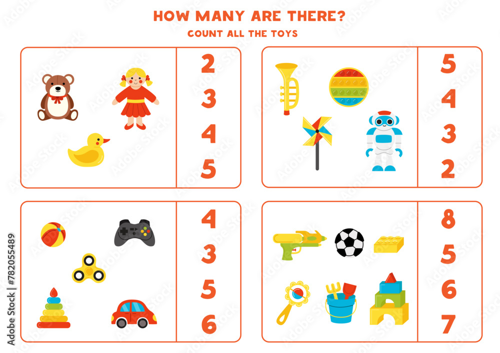 Count all cartoon cute toys and circle the correct answers.