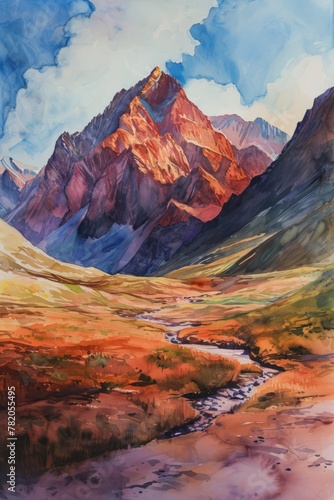 Drawn illustration of watercolor mountains. The concept for the development of tourism, mountaineering, skiing, rock climbing, excursions in the mountains, vertical 