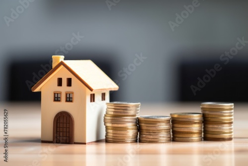 A small toy house next to a stack of coins on a blurred background symbolizes invests, savings, buying and selling real estate, your own dream home with copyspace for text 