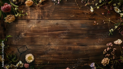 Antique wooden country table with flowers and floral design, wood texture and rustic flatlay background