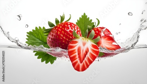 fresh sweet strawberry berry with flower, leaves and drops flying falling isolated on white background. Summer garden berry.