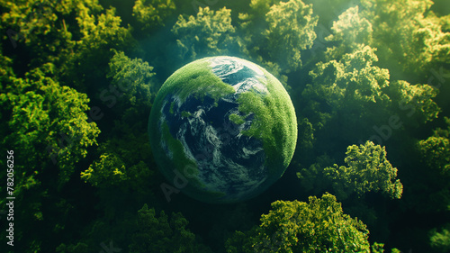 World Environment Day. Looped rotating planet Earth in a green forest.