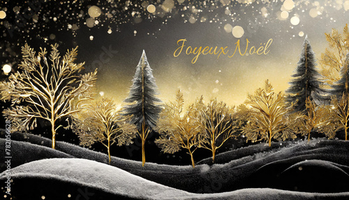 carte ou bandeau pour souhaiter un Joyeux Noël en or représenté par une colline noire et blanche et des sapins dorés et noirs sur fond noir et doré avec des ronds dorés en effet bokeh