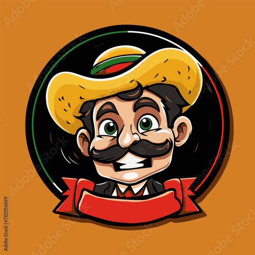 Mexican man wearing a sombrero taco food logo. Colorful vector illustration of a smiling Mexican man with a mustache wearing a traditional wide-brimmed sombrero hat. A friendly and festive image