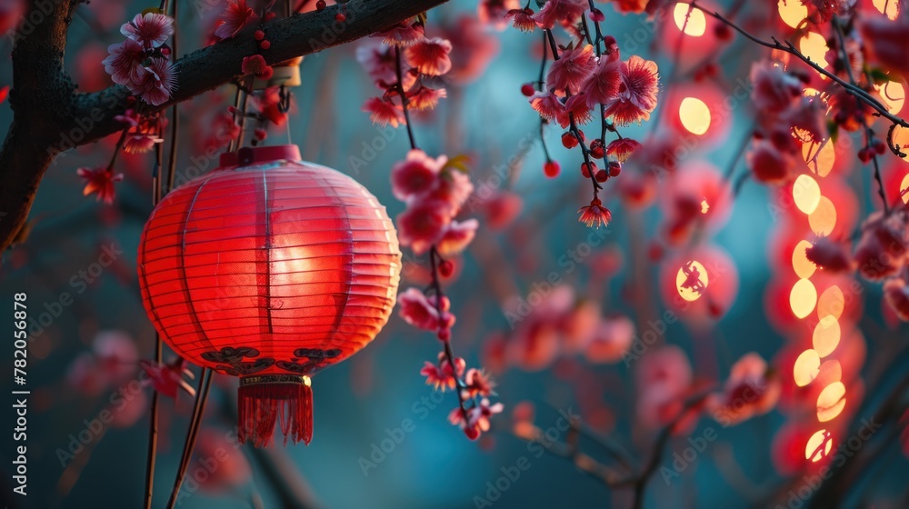 Obraz premium Beautiful red lanterns with plum blossom in street to celebrate Chinese lunar new year.