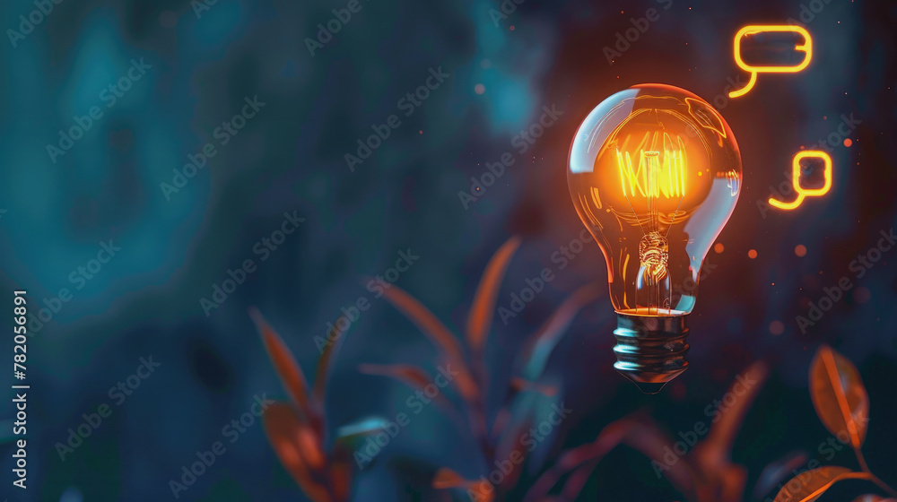 Single glowing light bulb and thought bubble Isolation on dark background. - obrazy, fototapety, plakaty 